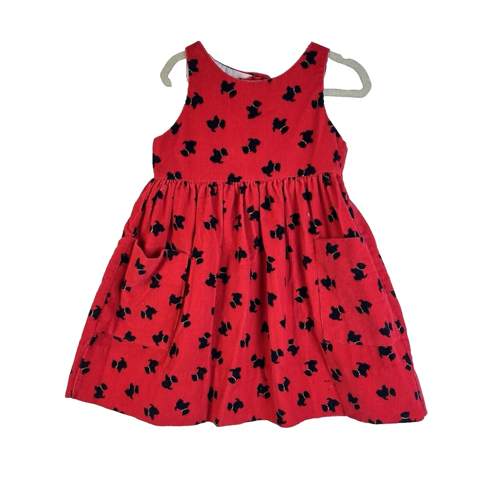 Vintage Kelly's Kids Corduroy Dress Girl's 2 Scottie Dogs Red Christmas USA